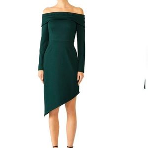 HUTCH “Melanie” asymmetrical off the shoulder dress. Hunter green. Size 8.